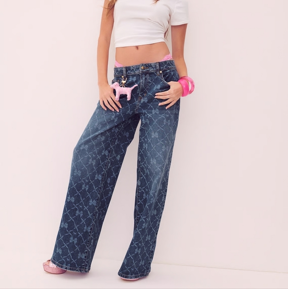 PINK X LOVESHACKFANCY MID RISE BAGGY WIDE-LEG JEANS Msrp $90 Size 12 New - Picture 3 of 6